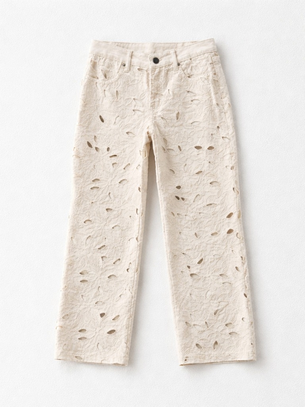 Cream Eyelet Lace Straight-Leg Jeans